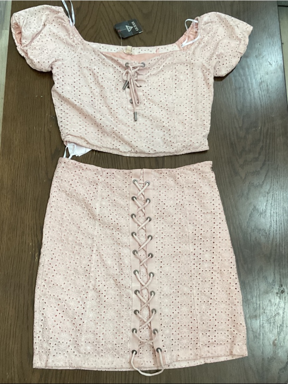 Guess Blush Pink Eyelet Lace-Up Mini Skirt with matching crop top
